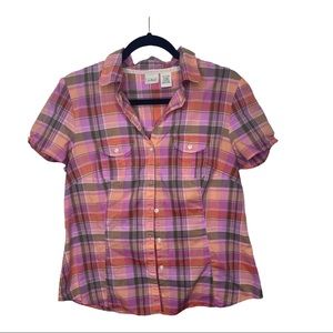 L.L. Bean Women Pink and Orange Short Sleeve Plaid Top | M